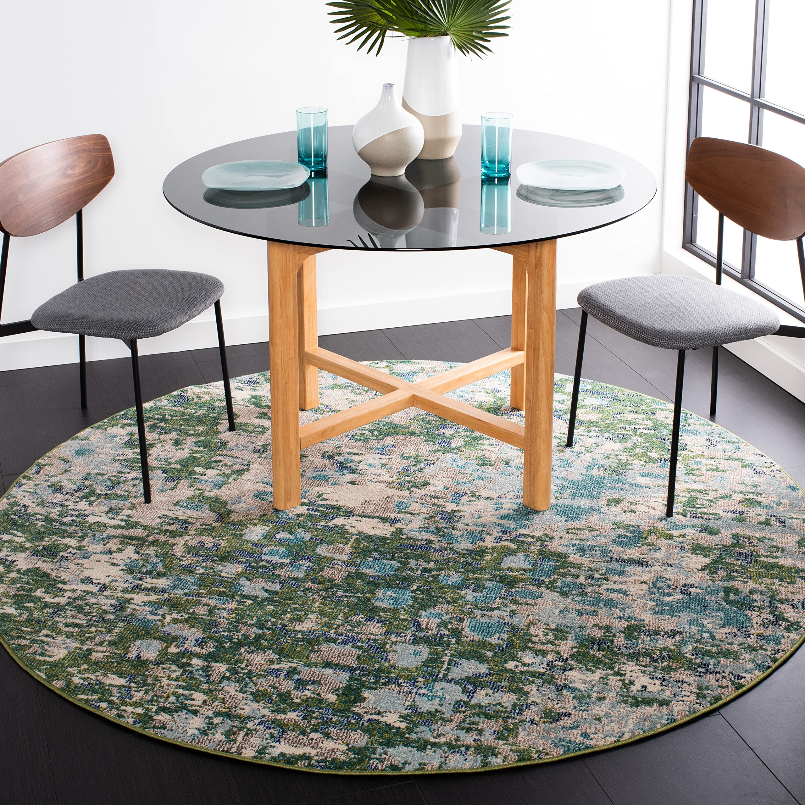 SAFAVIEH Madison Collection 5' Round Green / Turquoise MAD425Y Boho Abstract Distressed Non-Shedding Dining Room Entryway Foyer